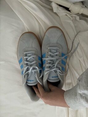 adidas Light Gray Suede Sneakers with Blue Three Stripes